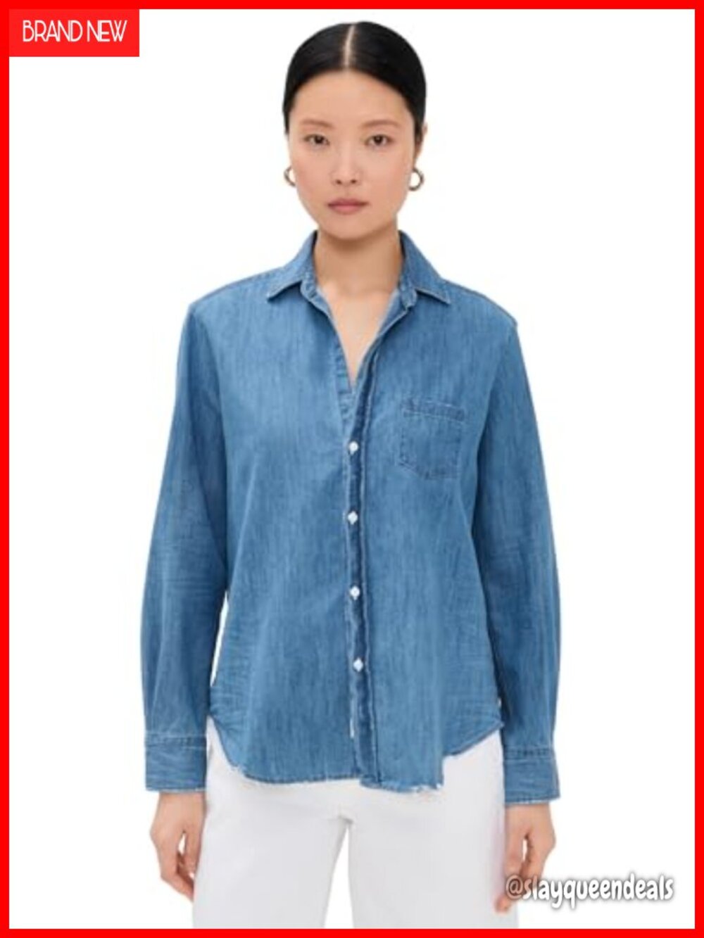 Women's Relaxed Denim Button Down Shirt Long Sleeve Frayed Distressed 100%